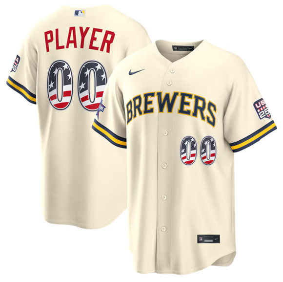 Men's Milwaukee Brewers CTIVE PLAYER Custom Cream 2026 All-Star Edition Stars & Stripes USA 250 Patch Stitched Baseball Jersey